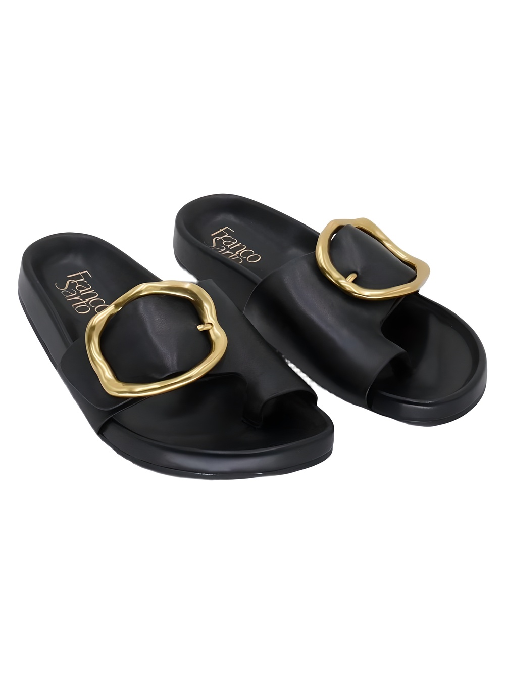 Franco Sarto Brianka Black Leather Gold Buckle Slide Sandals Size 5.5M
